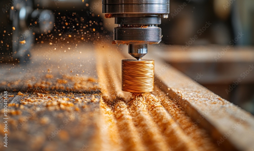 Poster precision woodworking with cnc machine creating fine wood shavings in workshop environment