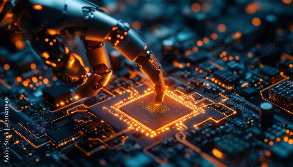 Poster robotic hand interacting with microchip on circuit board in futuristic technology setting