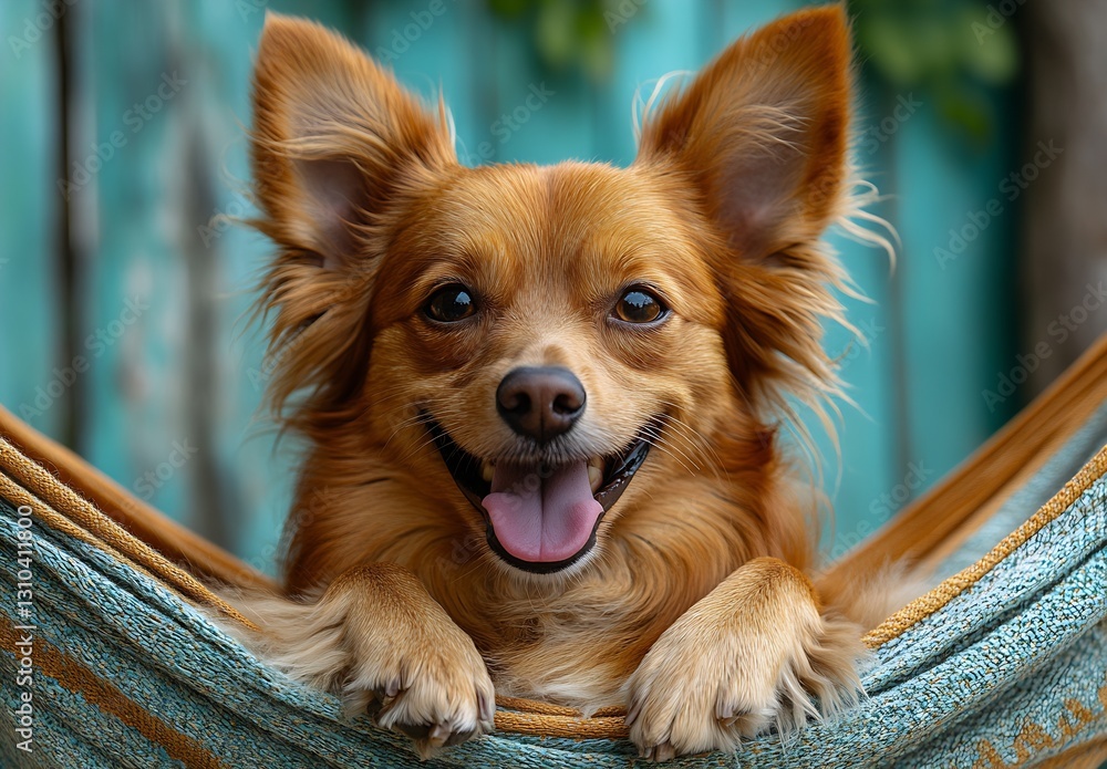 Poster happy smiling dog relaxing in hammock with vibrant teal background showcasing pure joy : generative 