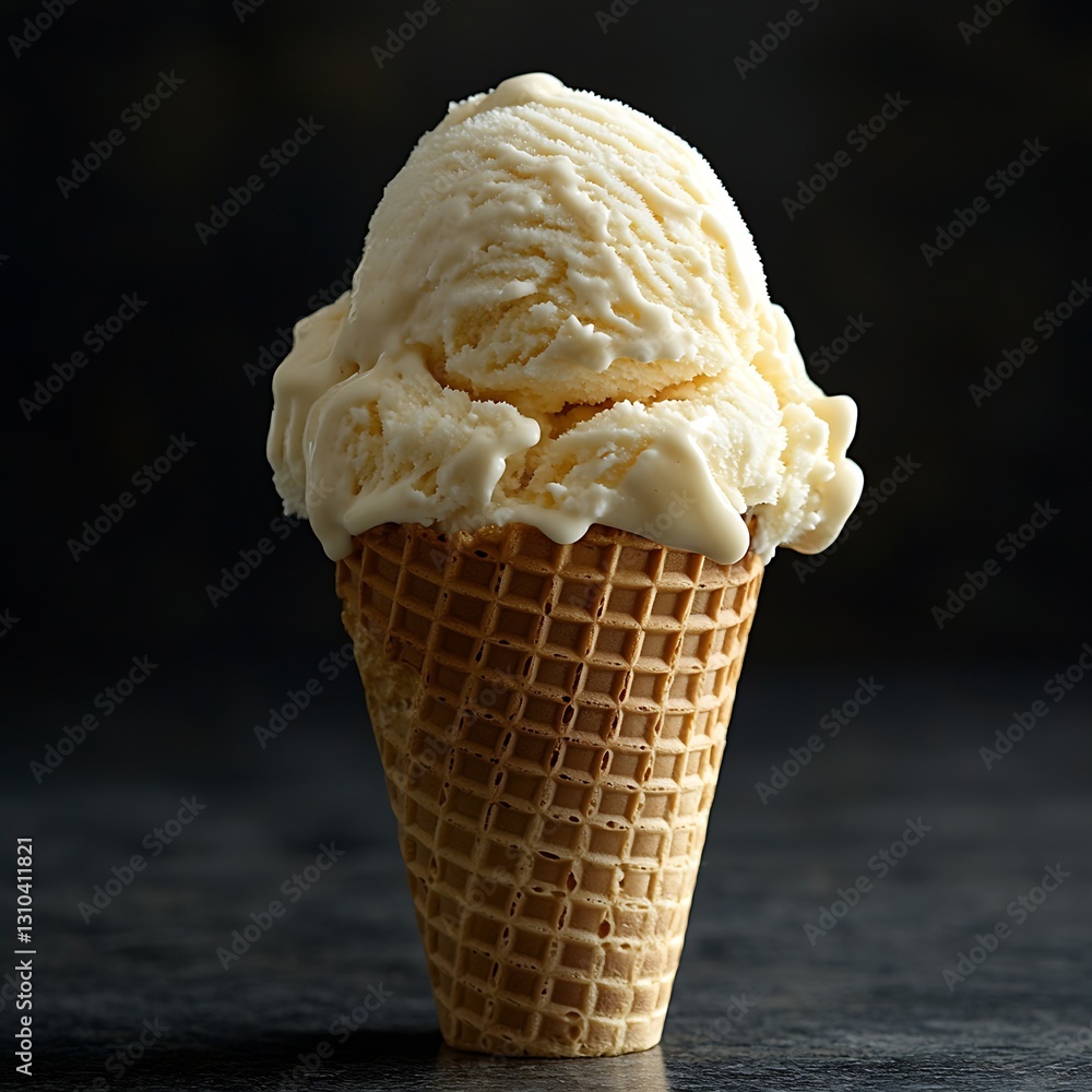 Poster classic scoop of vanilla ice cream in a crunchy waffle cone against a dark background : generative a