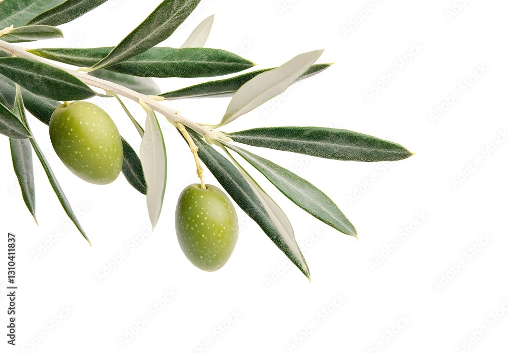 Poster fresh green olives on a branch with leaves against a white background for culinary use : generative 
