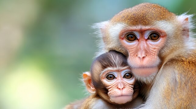 Brown mother monkey snugly embraces her baby in soft golden sand