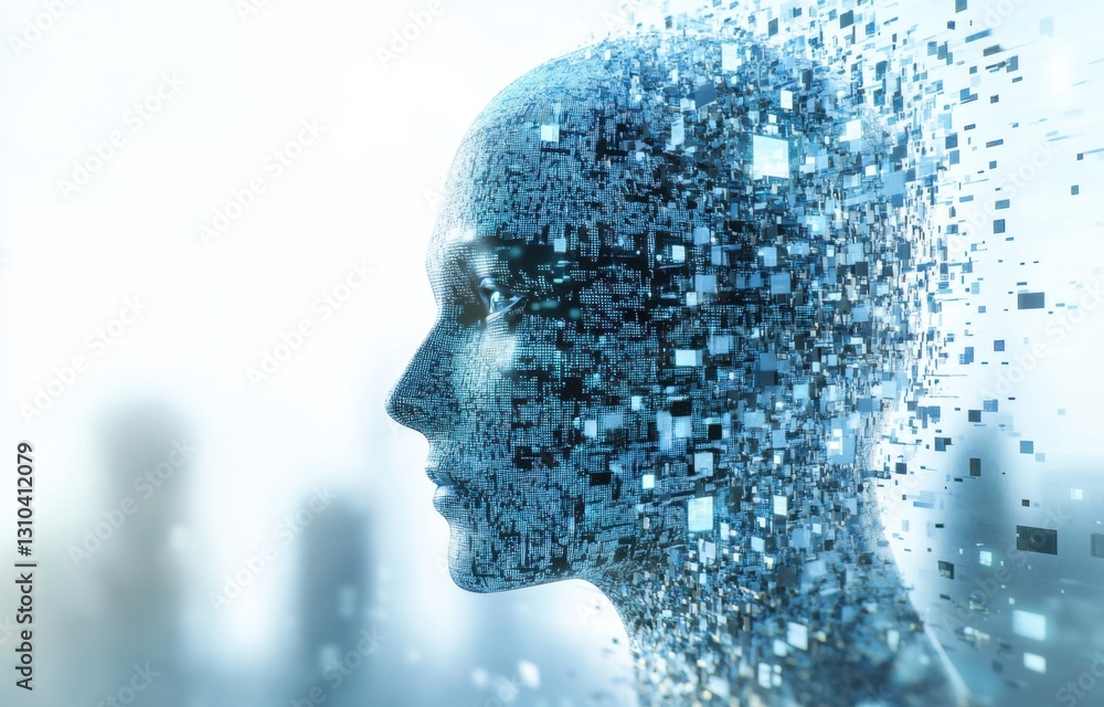 Poster a digital abstract background of an ai robot head composed entirely from a mosaic grid, with light b