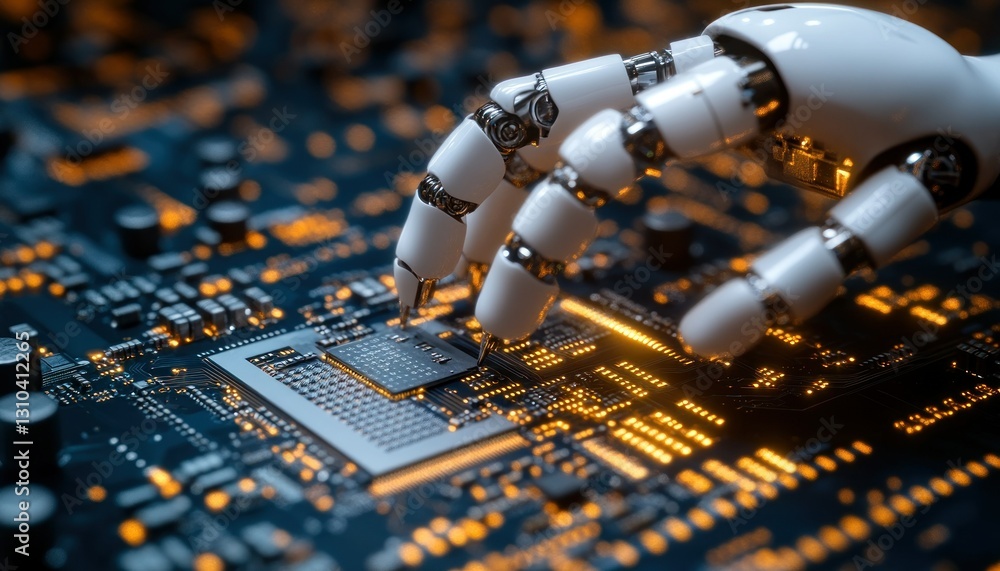 Poster robotic hand interacting with computer circuit board in close-up view of advanced technology