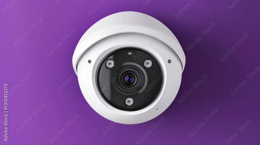 Poster a fully motorized security camera with pan and tilt functions on a rich purple background.
