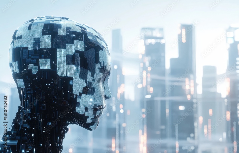 Poster a close-up of an ai robot's head, composed entirely from digital data and code, set against the back