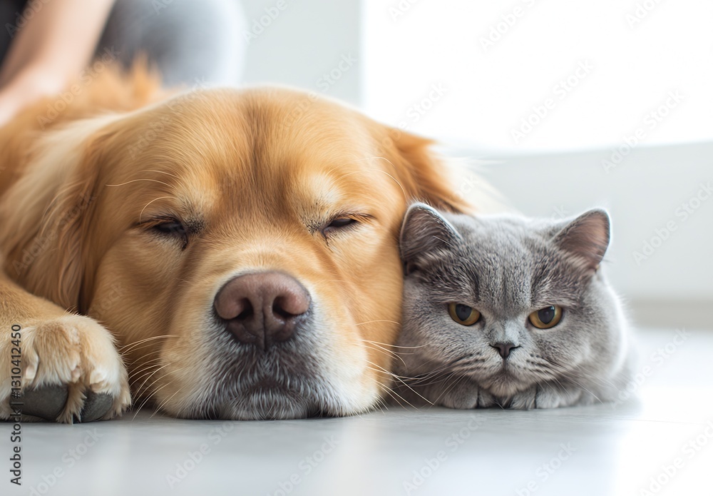 Poster golden retriever and a gray cat sleeping side by side in a cozy indoor setting : generative ai