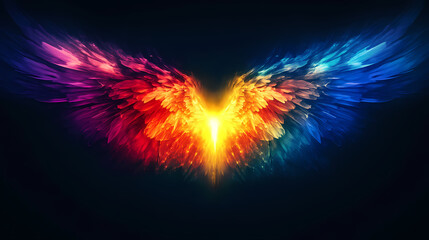 A bright, colorful light burst with rays extending outward from the center, set against a black background. Celestial - Angel. Illustration