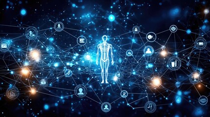 Obraz premium Human digital skeleton and network. High-tech medical background. Biotech visualization