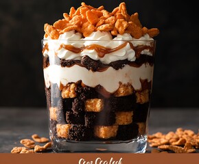 Delicious layered dessert in a glass featuring creamy layers and crunchy toppings : Generative AI