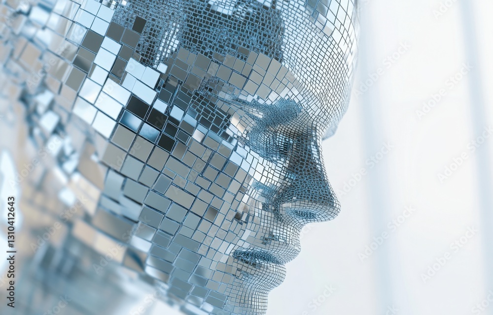 Poster close-up of an ai robot's head, composed entirely from pixelated squares and lines in shades of blue