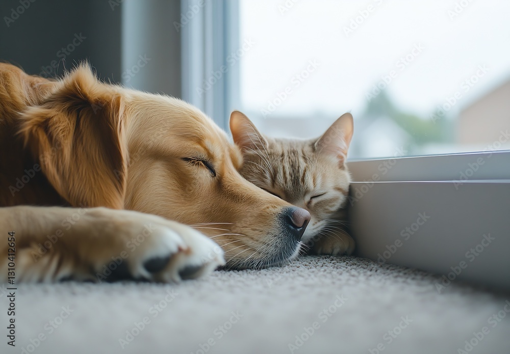 Poster golden retriever and orange tabby cat snuggled up by the window for a cozy nap : generative ai