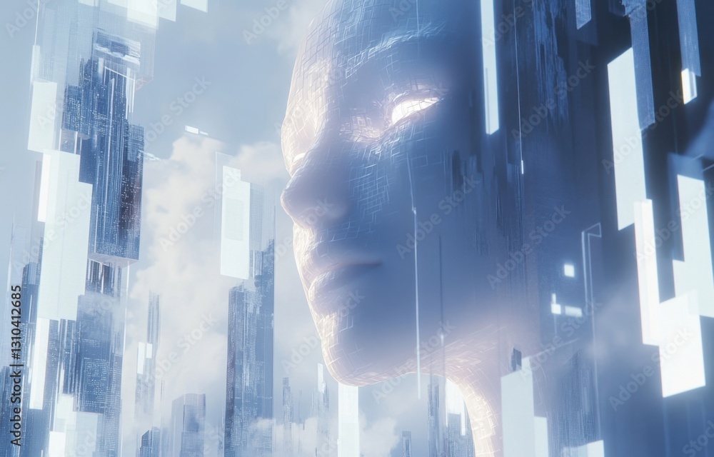Poster a close-up of an ai robot's head, composed entirely from digital data and code, set against the back