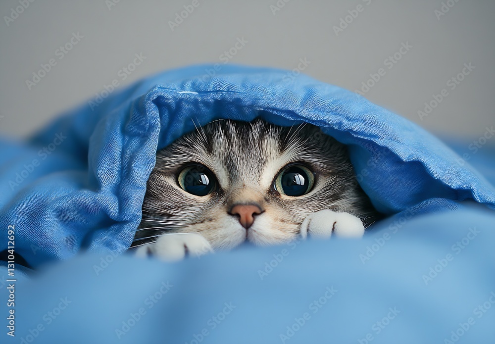 Poster adorable grey tabby cat peeking out from under a blue blanket with big expressive eyes filled with c