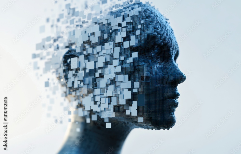 Poster close-up of an ai robot's head, composed entirely from pixelated squares and lines in shades of blue