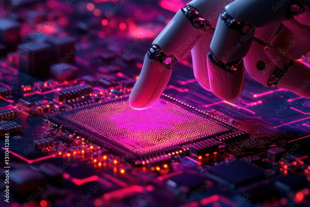 Poster robotic hand interacting with computer circuit board in futuristic digital environment