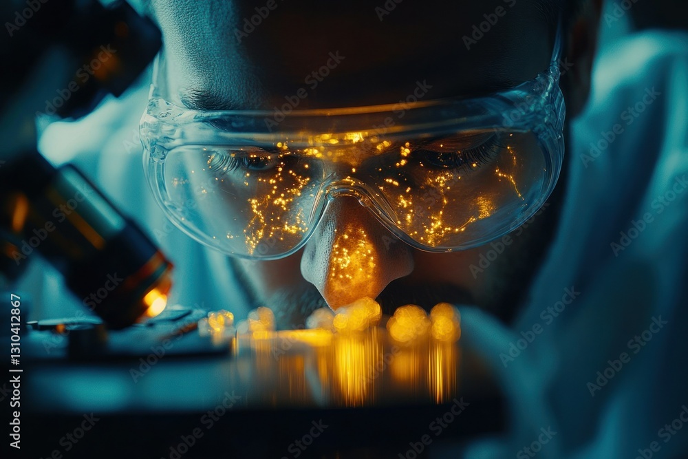 Poster scientist examining samples with microscope and illuminated particles in laboratory setting