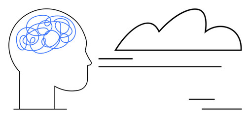 Human head outline with tangled lines in the brain and a cloud, symbolizing clearing mental clutter. Ideal for mindfulness, psychology, stress relief, focus, mental health, productivity, flat simple
