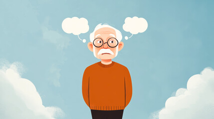 Minimalistic cartoon illustration of an elderly man with two thought bubbles