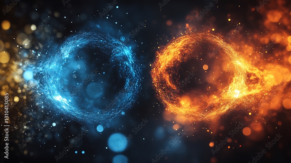 Poster dynamic energy swirls in blue and orange with sparkling particles in dark background : generative ai