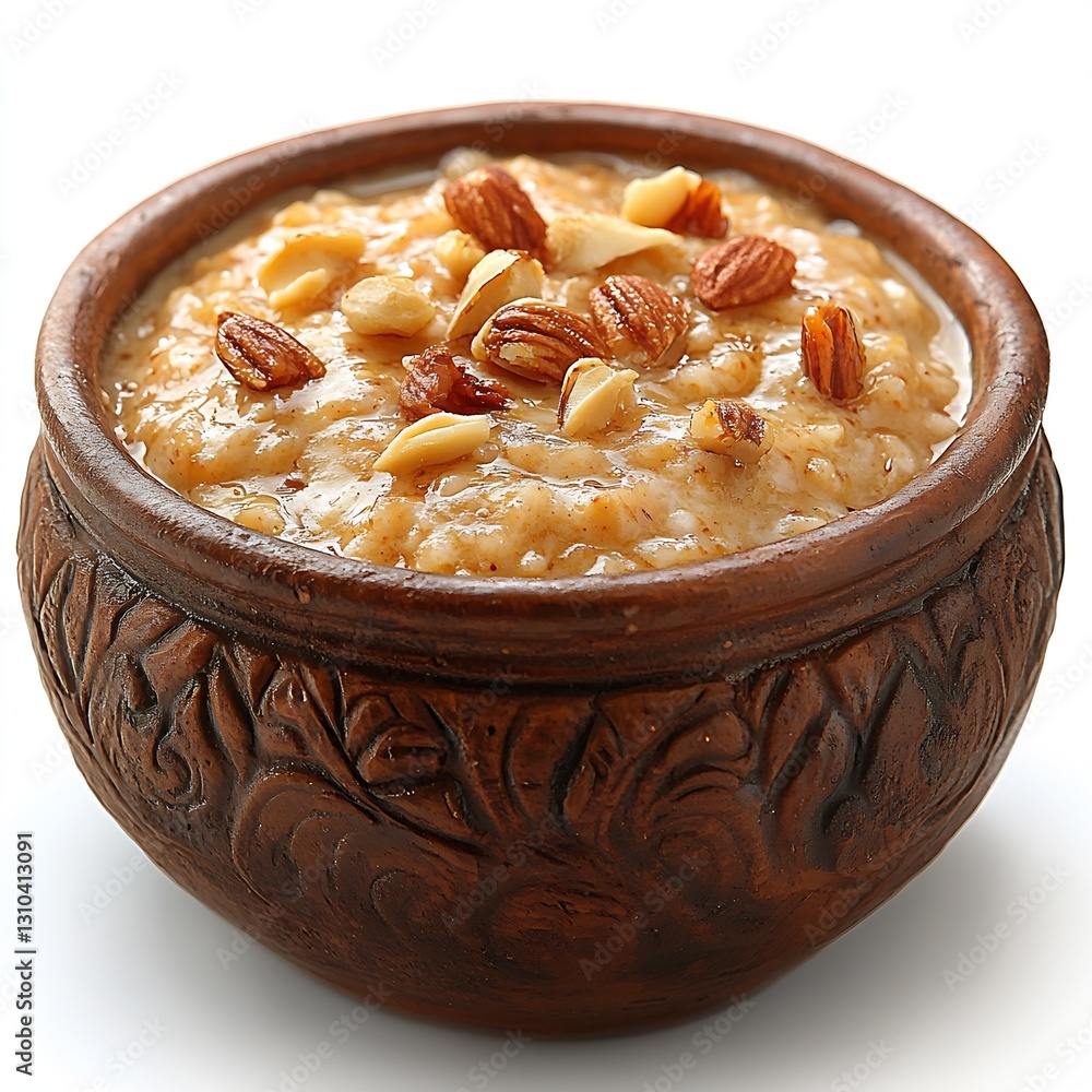Poster delicious oatmeal porridge served in a rustic bowl with nuts and honey for breakfast : generative ai
