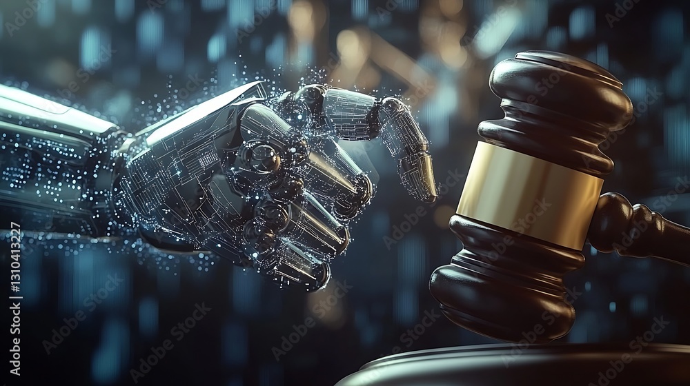 Poster futuristic robotic hand reaching for a gavel representing the intersection of technology and law : g