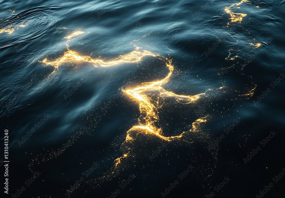 Poster Glittering ocean surface with sparkling golden lights creating a mesmerizing shimmering effect at dusk : Generative AI