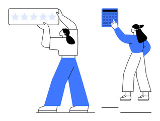 Woman lifts rating stars, another interacts with calculator for analysis. Ideal for performance review, analytics, teamwork, business evaluation, metrics tracking, customer feedback, flat simple