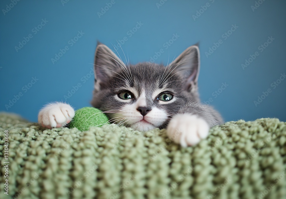 Aufkleber charming gray kitten resting on a cozy blanket with playful expression and green ball : generative a