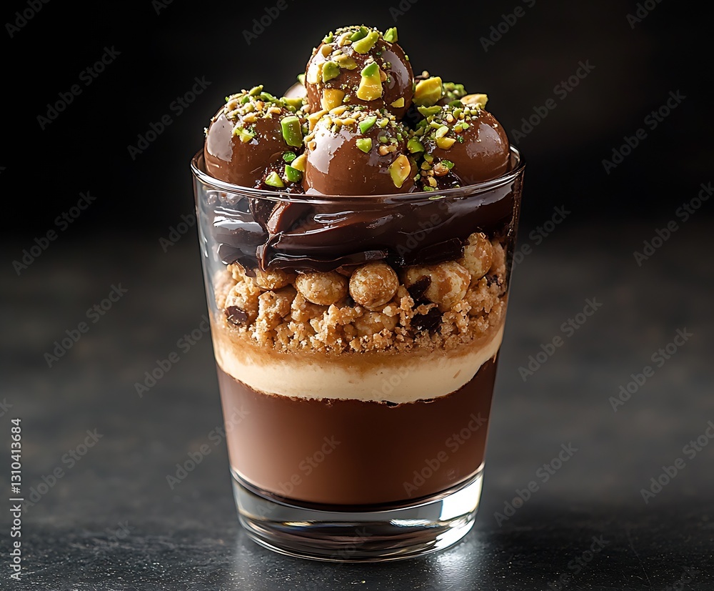 Poster decadent dessert served in a glass with layers of chocolate crumbs and nuts topped with round sweets