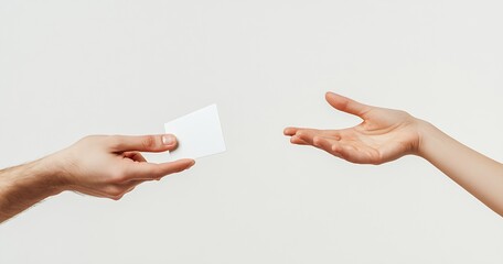 Obraz premium Two hands exchanging a blank business card symbolizing networking and professional connections in a minimalistic setting : Generative AI