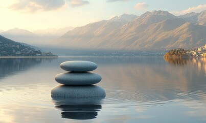 Tranquil Landscape with Stacked Stones and Calm Water Reflections at Sunrise