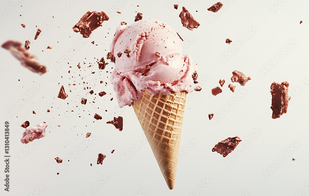 Poster mouthwatering pink ice cream cone bursting with chocolate pieces creating a playful scene : generati