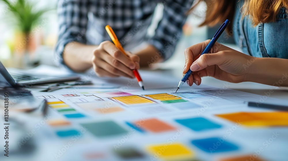 Poster Vibrant Image of Two People Engaging in Teamwork with Colorful Markers Over Project Papers : Generative AI