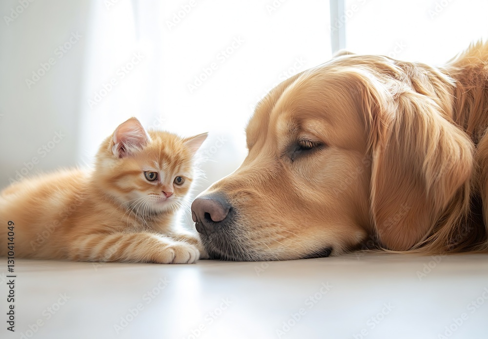 Poster Golden Retriever and Playful Kitten Sharing a Moment of Connection on a Bright Floor : Generative AI