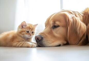 Golden Retriever and Playful Kitten Sharing a Moment of Connection on a Bright Floor : Generative AI