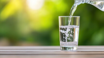 Pouring refreshing water into a glass amidst a vibrant green backdrop