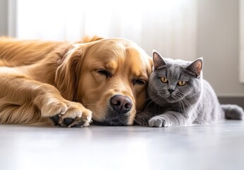 Sweet golden retriever dog and playful gray cat snuggling peacefully together indoors : Generative AI