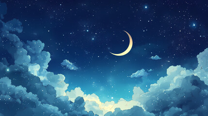 A starry night sky with a crescent moon and clouds. Celestial - Angel. Illustration