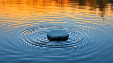 Calm Water with Ripple Effect Around a Single Round Stone in Serene Landscape at Sunset
