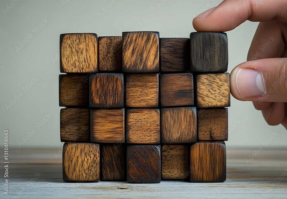 Poster hand selecting a wooden cube from a closely arranged wooden cube structure for a creative design con