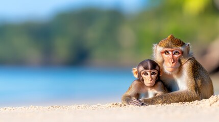 Naklejka premium Brown monkey mother cuddles with her young child in soft sand by the shore