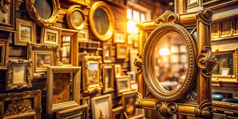 Fototapeta premium Double Exposure: Vintage Gold Antique Picture Frames & Mirrors - Round, Square, Portrait