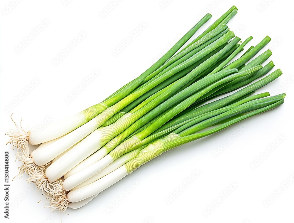 Poster brightly arranged green onions on a white background showcasing their fresh and appetizing qualities