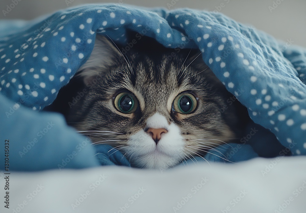 Poster charming playful cat with striking green eyes hiding under a soft polka dot blanket : generative ai
