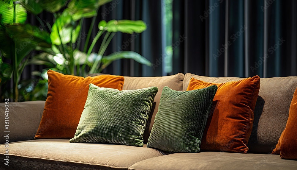 Poster elegant sofa with colorful cushions surrounded by lush greenery : generative ai
