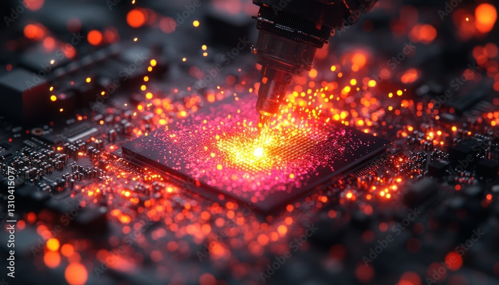 Poster high-tech circuit board with laser engraving and sparkling particles in focus