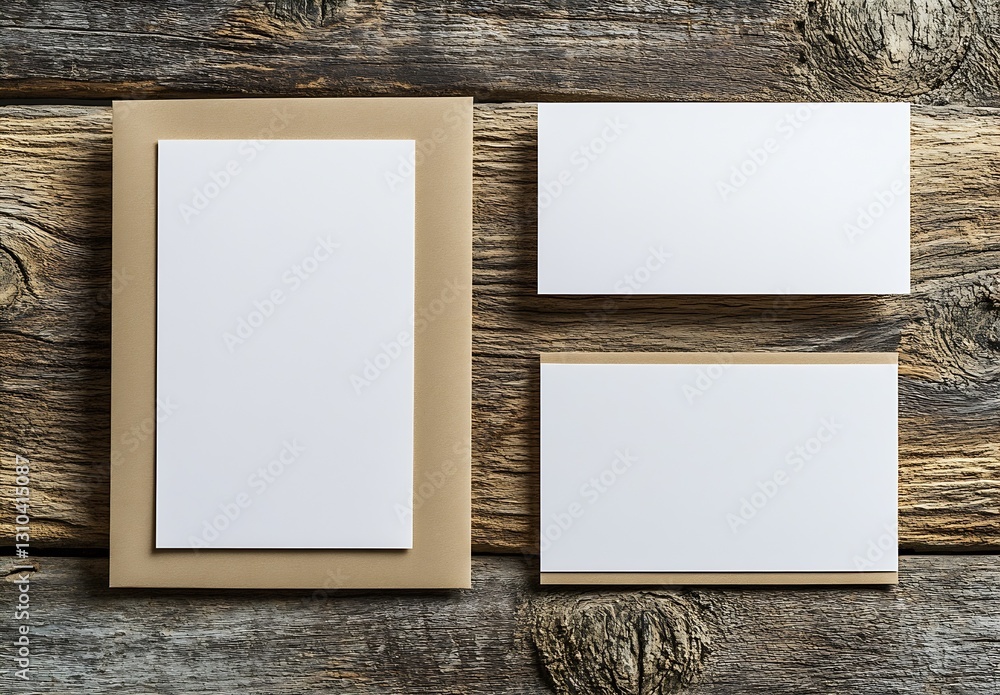 Poster elegant blank business cards and decorative frame on rustic wooden table for branding : generative a