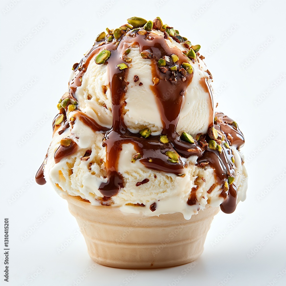 Poster delicious ice cream sundae topped with chocolate syrup and chopped pistachios : generative ai