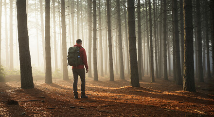 Obraz premium Hiker exploring misty forest with tall pine trees